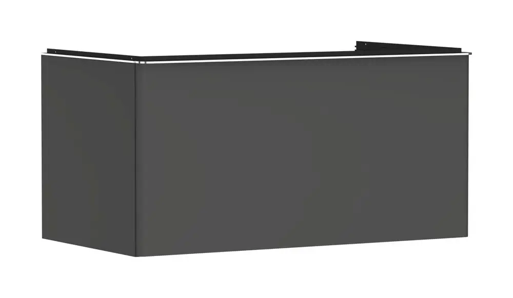 Grauer Waschtischunterschrank von Hansgrohe mit einfacher, rechteckiger Form und einem Schubkasten, geeignet für einen Aufsatzwaschtisch.